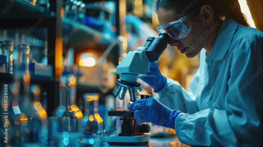 Poster scientist examining a sample under a microscope in a laboratory