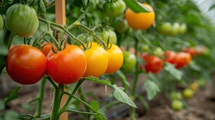 Ripe Tomatoes Growing on a Vine in a Greenhouse
