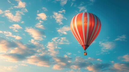 Naklejka premium Red and White Hot Air Balloon Soaring Through a Blue Sky