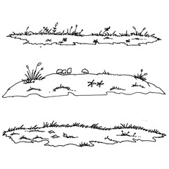 Set of landscape grass hand drawn. island doodle, sketch ink of field