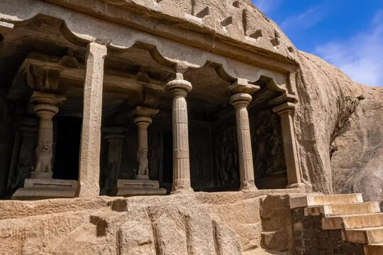 Mahishamardini Rock Cut Mandapa built by Pallavas-Narasimhavarman, Mahendravarman & rajasimha. This is UNESCO's World Heritage Site located at Mamallapuram or Mahabalipuram in Tamil Nadu, South India	