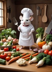 A white mouse wearing a chef's hat and apron, standing on a wooden table surrounded by various vegetables and cooking utensils