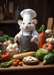 A white mouse wearing a chef's hat and apron, standing on a wooden table surrounded by various vegetables and cooking utensils