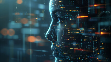 A close up of an AI digital human face with data and code flowing from its brain, set against the backdrop of futuristic tech buildings.