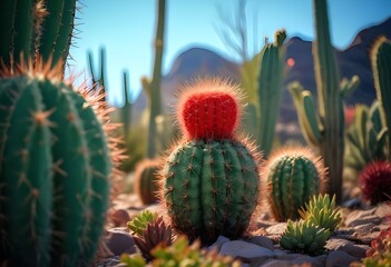 Fototapeta premium A close-up of a red barrel cactus with its distinctive spines against a blurred background of other cacti and greenery
