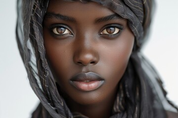 A striking close-up portrait of a woman wearing a sheer, textured headscarf that accentuates her captivating eyes, smooth skin, and serene expression, exuding elegance and beauty.