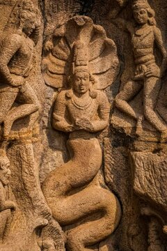 Exclusive Monolithic Rock Carved- Arjuna penance is UNESCO's World Heritage Site located at Mamallapuram or Mahabalipuram in Tamil Nadu, Great South India.	