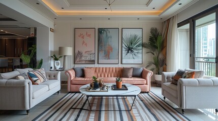 A living room with pastel pink sofas, striped coffee table and grey chairs in an Indian style apartment featuring white walls adorned with wall art. Generative AI.