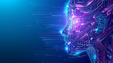 Abstract digital human head with circuit board lines and glowing lights on blue background, concept of artificial intelligence technology vector illustration.