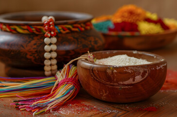 wooden bowl with red powder and colorful rakhi on a table