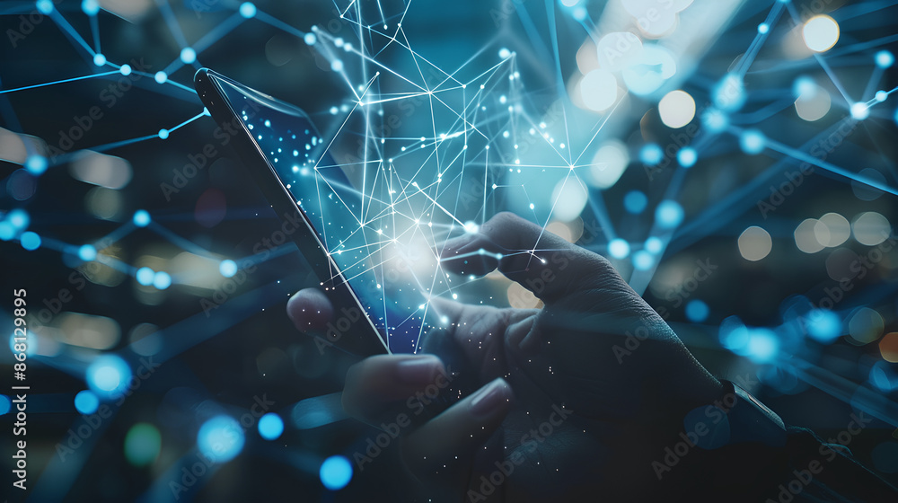 Poster hand using smartphone with digital technology data communication network and telecommunication conce