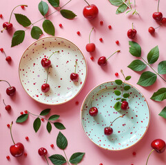 On the table at a birthday party there are two plates with plants next to them and cherries, pink background, top view. Generative AI.