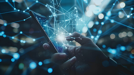 hand using smartphone with digital technology data communication network and telecommunication concept