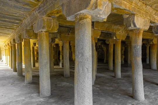 The Varadharaja Perumal Temple and Lord Atthi Varadar Perumal god statue inside the pond, Kanchipuram, Tamil Nadu, South India - Sculptures, archeological, Religion and Worship scenario image.	