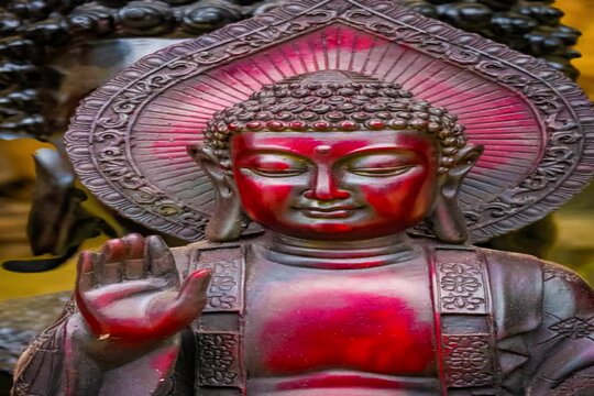 The Great Gautama Buddha Calm Meditation Statue made from wood at Mamallapuram or Mahabalipuram in Tamil Nadu, South India.	