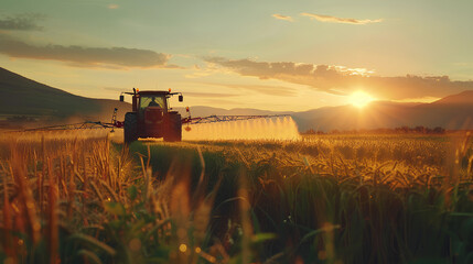 Fototapeta premium irrigation tractor driving spraying or harvesting an agricultural crop at sunset with information infographic data datum as banner design for agriculture industry and food supply production concepts