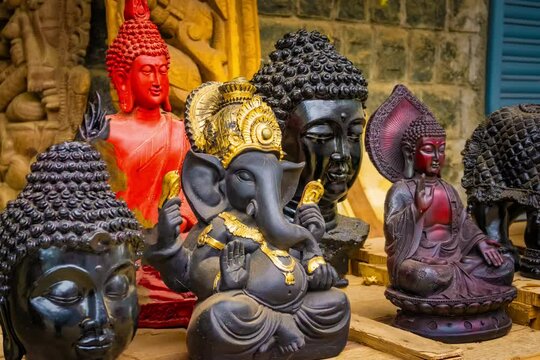 The Great Gautama Buddha Calm Meditation Statue made from wood at Mamallapuram or Mahabalipuram in Tamil Nadu, South India.	