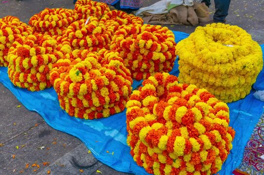 Marigold or Samanthi Poo or Chrysanthemum Flower role at The Devaraja Market: A Unique Heritage Market in Mysore, Karnataka, India. The market is on Sayaji Rao Road. The market was constructed in 1886