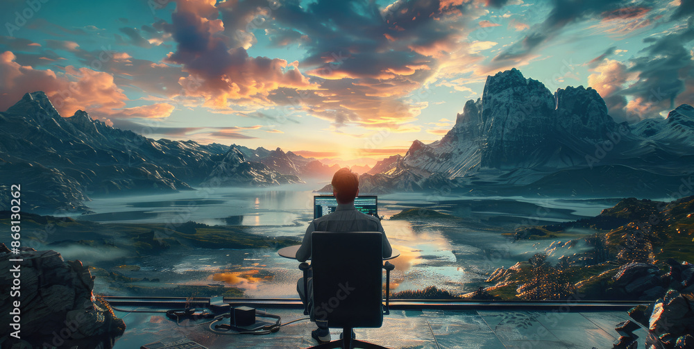 Leinwandbilder Rear view. A software developer, working at his computer coding software surrounded by a beautiful hyperrealistic landscape. Generative AI.