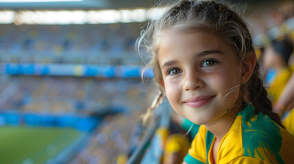 Feminine Soccer: Little Girl Watching Match from Stands, Enthusiastic Young Fan
