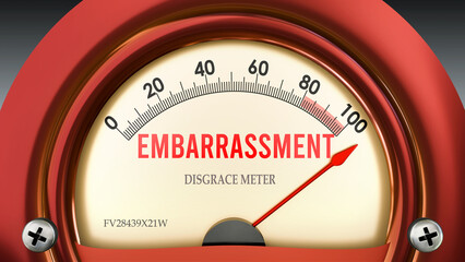 Fototapeta premium Embarrassment and Disgrace Meter that is hitting a full scale, showing a very high level of embarrassment, overload of it, too much of it. Maximum value, off the charts. ,3d illustration