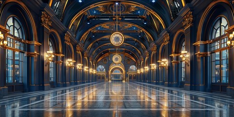 Obraz premium Lavish Grand Hall with Majestic Architectural Details and Warm Lighting