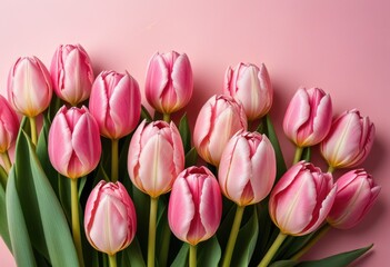 Obraz premium close-up view of elegant pink tulips with a gradient of colors, arranged neatly on a light pink surface, emphasizing the beauty of spring.