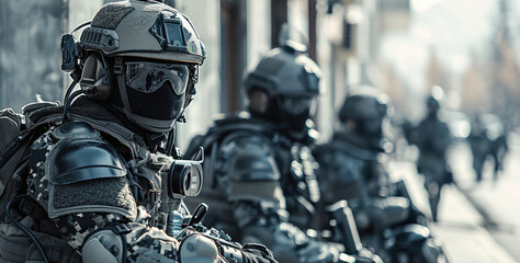 Fototapeta premium a Armed police soldiers take a rest during rescue operations. Generative AI.