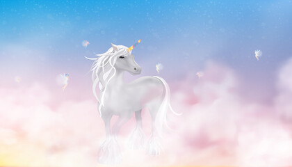 Dreamy Unicorn with with little fairies flying in Sunrise Sky,Vector cute cartoon Merry Christmas,Happy New Year 2025 greeting card with Fantasy landscape winter wonderland magic