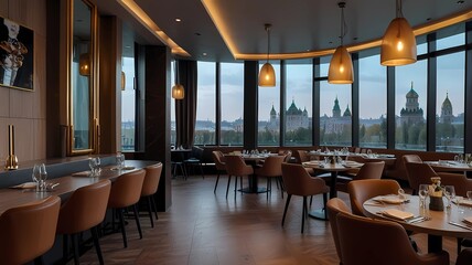 Served long table in modern urban restaurant. Panoramic view of room of luxury restaurant or cafe interior. Moscow - Oct 6, 2019: Served tables inside the modern urban restaurant. Panoramic view of ro