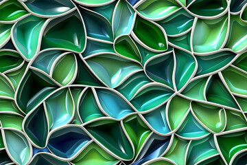 A green and white abstract design with a lot of green and white shapes. The design is made up of many small pieces that are all different sizes and shapes
