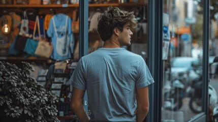 A young man with tousled hair wearing a blue t-shirt glances back while standing in front of a shop in an urban setting,
