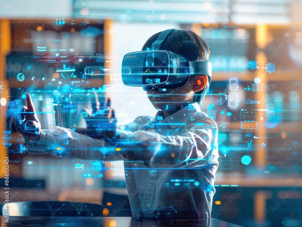 Poster school student using vr headset and ai artificial intelligence technology & machine learning. futuri