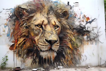 Sculpture and painting street art of lion head full of colorful colors and covered. on the old wall. Wildlife Animals.