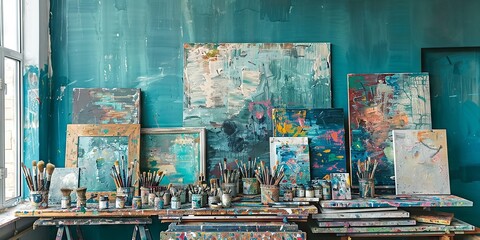 Fototapeta premium Creative Art Studio with Abstract Paintings and Colorful Supplies