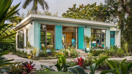 Fototapeta premium modern house with Bahama shutters painted in a vibrant teal, surrounded by a lush garden
