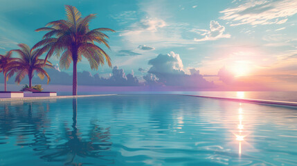 Summer vibe concept, swimming pool, palm tree. Generative AI.