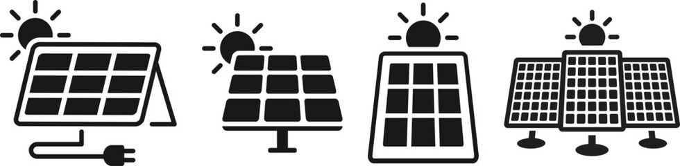Collection of solar panel icons with sun. Icon with reflection on white background. Vector illustration © Oman