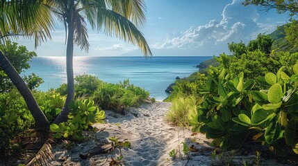 Fototapeta premium Caribbean bush forest with sea view. Generative AI.