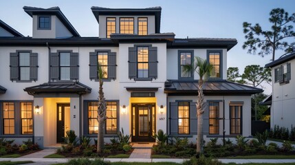 Fototapeta premium modern townhouse with slate gray Bahama shutters, providing a contemporary edge to the traditional design