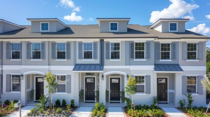 modern townhouse with slate gray Bahama shutters, providing a contemporary edge to the traditional design