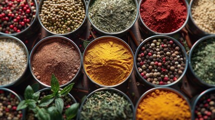 Fototapeta premium A colorful array of spices and herbs arranged in metal bowls, creating an attractive background for cooking or herbal billboard design. top view. Generative AI.