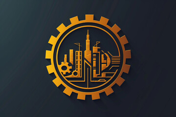 A bold construction logo with a futuristic cityscape encapsulated within a cogwheel, symbolizing innovation and engineering