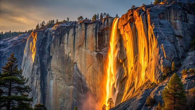 Horse tail waterfall illuminated by sunset light in Yosemite National Park during Firefall event, Yosemite, national park