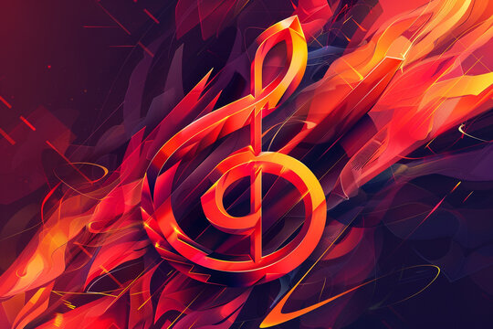 A bold music logo where the note is made of overlapping, angular shards in vibrant red and orange hues.