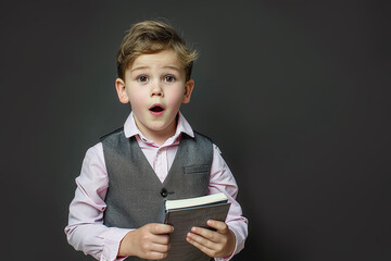 Boy wearing gray vest and pink dress shirt holding book