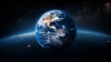 Fototapeta premium Our planet Earth floating in the expanse of space. Starry night sky background.