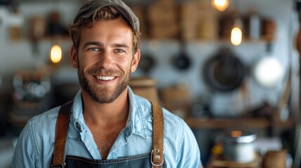 Portrait of a smiling male plumber standing confidently indoors. Generative AI.