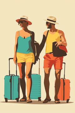 A pair of 40-something adults in casual summer attire, posing with luggage, possibly on vacation.