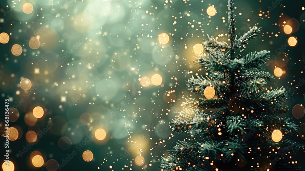 Aufkleber Green canvas background with xmas tree and sparkle bokeh lights. Greetings for the holiday season. Theme of the winter holidays. Happy New Year. Space for text. Generative AI.
